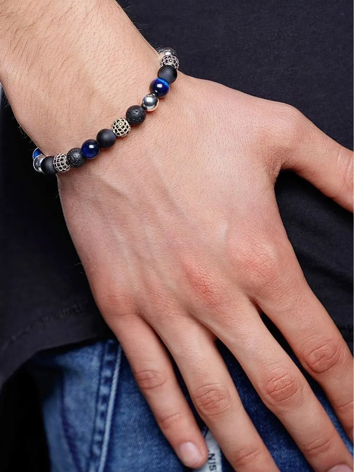 Nialaya Jewelry ビーズ入りマルチストーンブレスレット - ブラック - 画像2