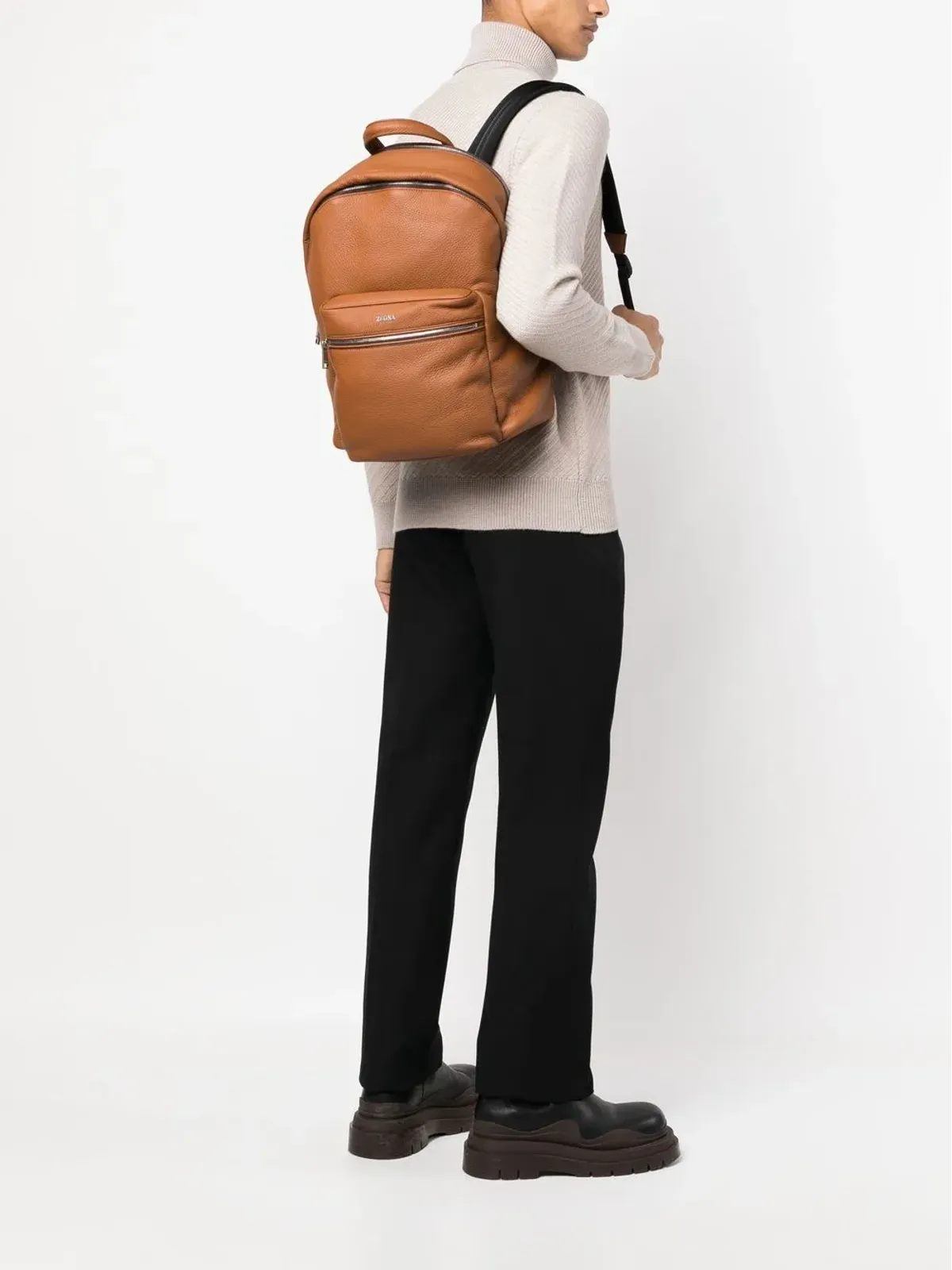 Zegna ロゴプレート付きレザーバックパック - 画像2