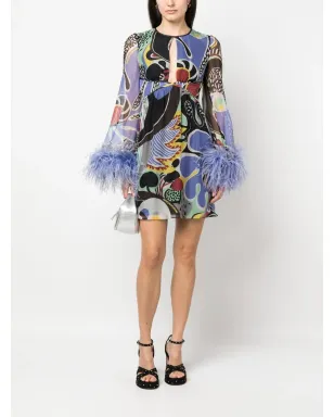 Moschino 羽毛トリム サイケデリック柄プリント ドレス ブラック - サムネイル2