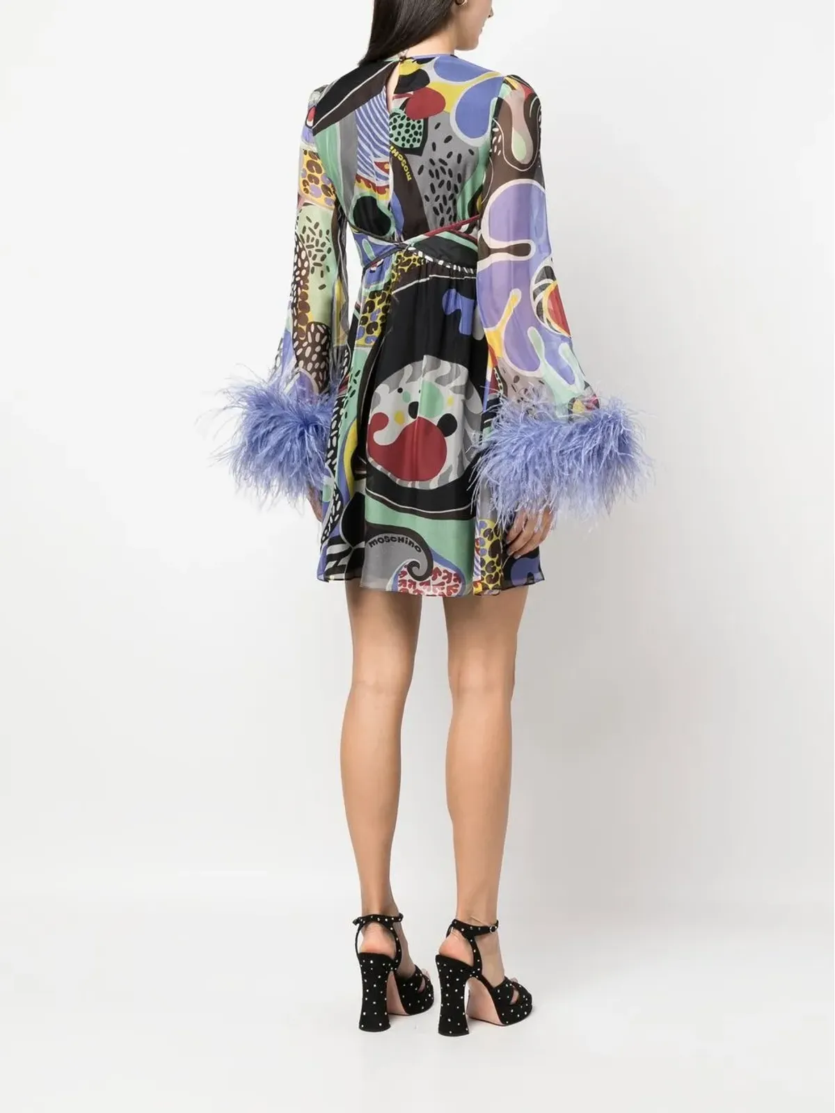 Moschino 羽毛トリム サイケデリック柄プリント ドレス ブラック - 画像4
