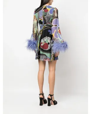 Moschino 羽毛トリム サイケデリック柄プリント ドレス ブラック - サムネイル4