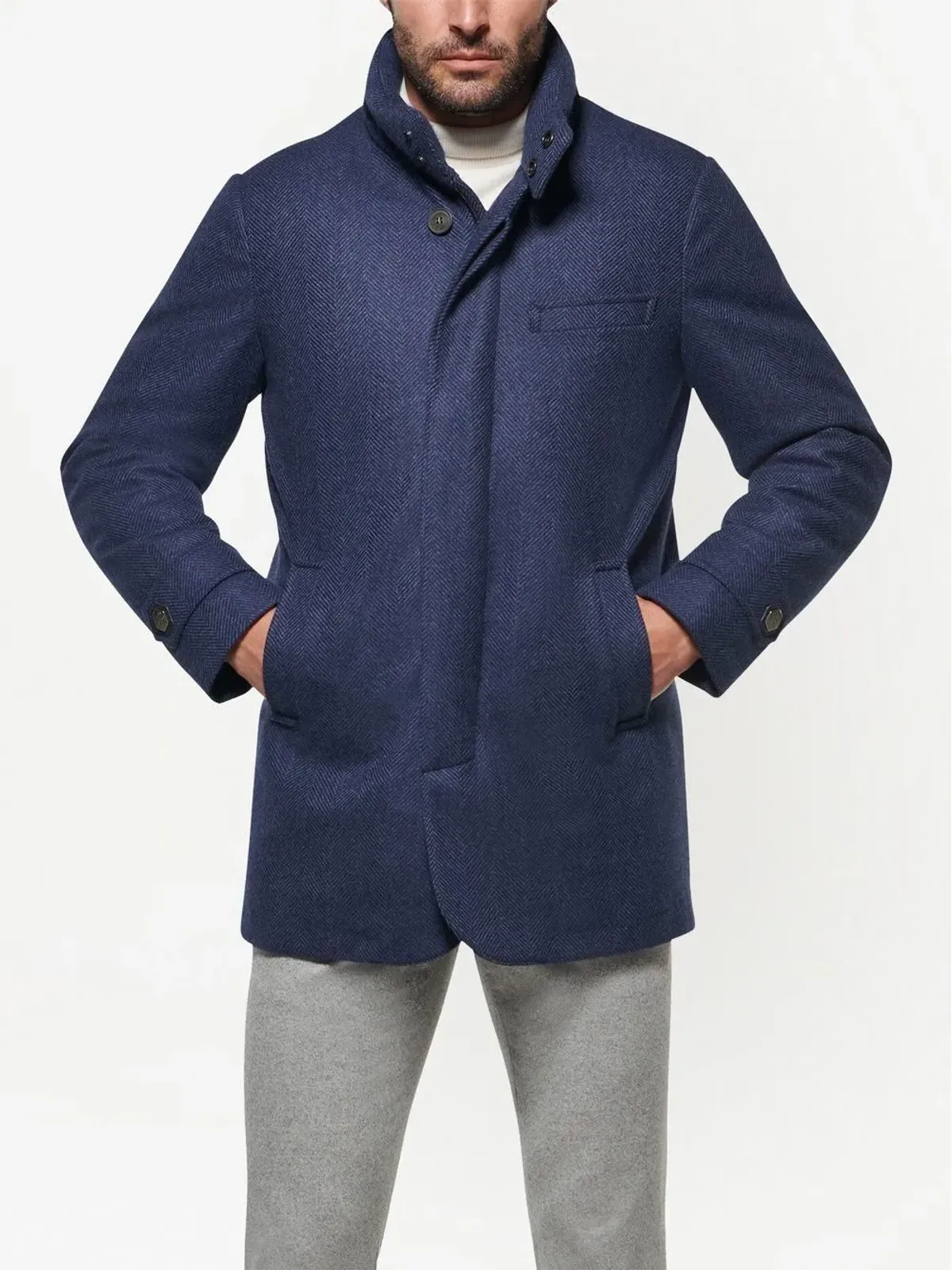 Norwegian Wool ダウンライニング ヘリンボーン コート（ブルー） - 画像3