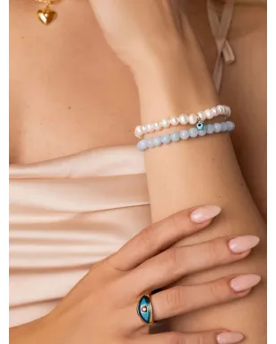 Nialaya Jewelry エビルアイチャーム付きパールブレスレット ブルー - サムネイル2