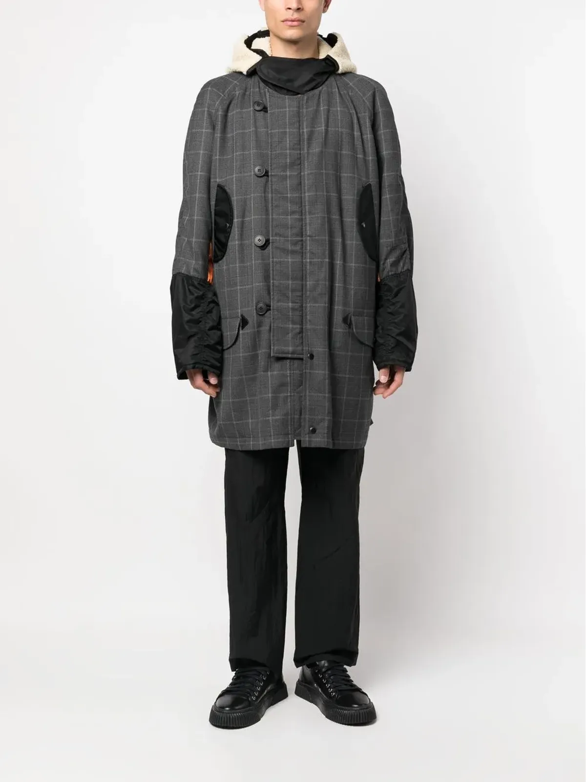 Junya Watanabe MAN グレーのチェック柄パッチワークコート - 画像2