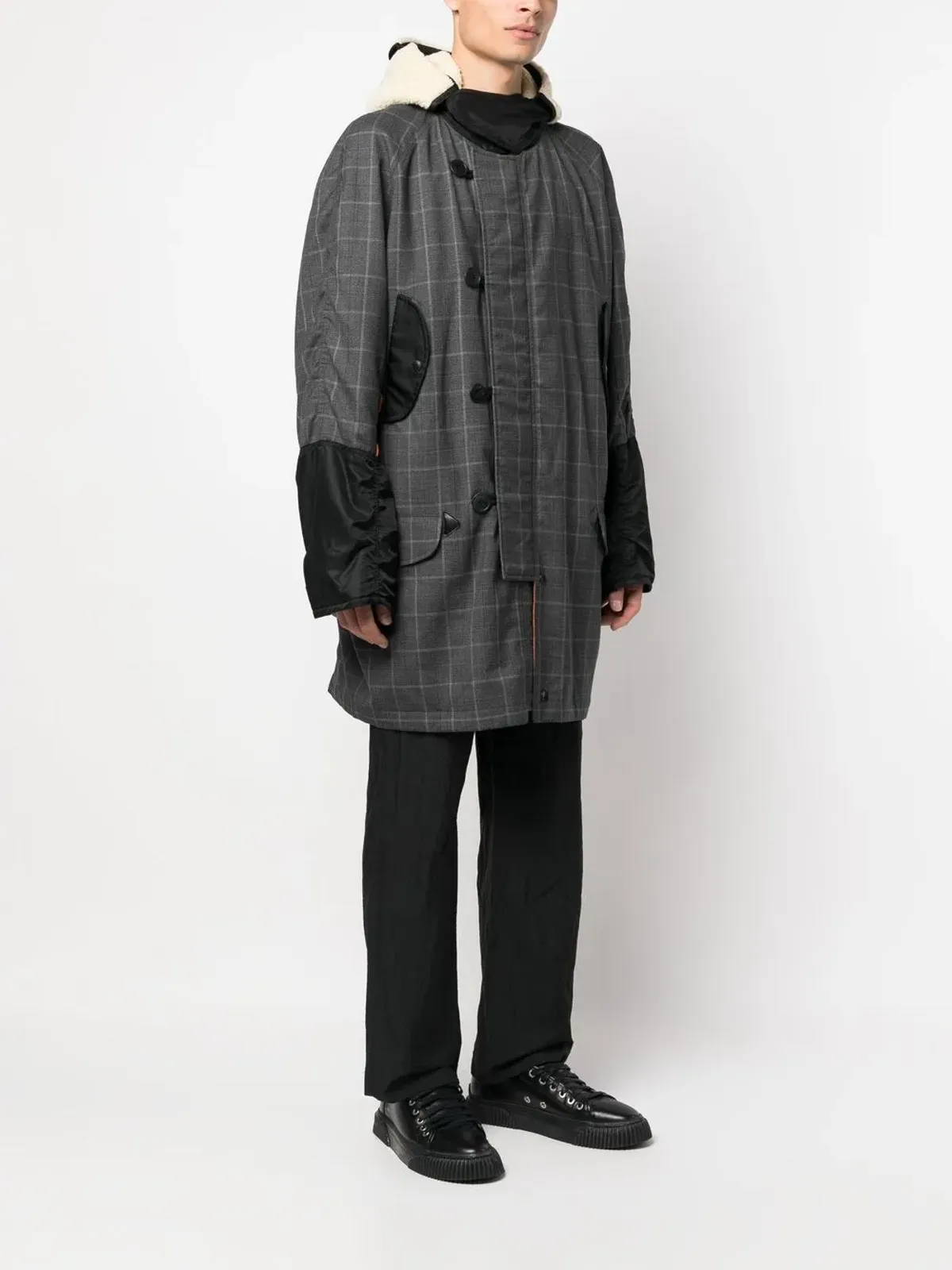 Junya Watanabe MAN グレーのチェック柄パッチワークコート - 画像3