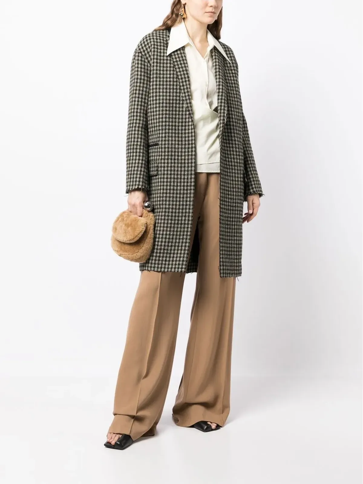Celine Pre-Owned レザー ラペル ハウンドトゥース ミディコート - 画像2