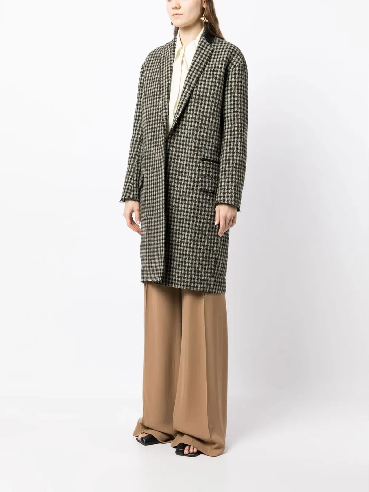 Celine Pre-Owned レザー ラペル ハウンドトゥース ミディコート - 画像3