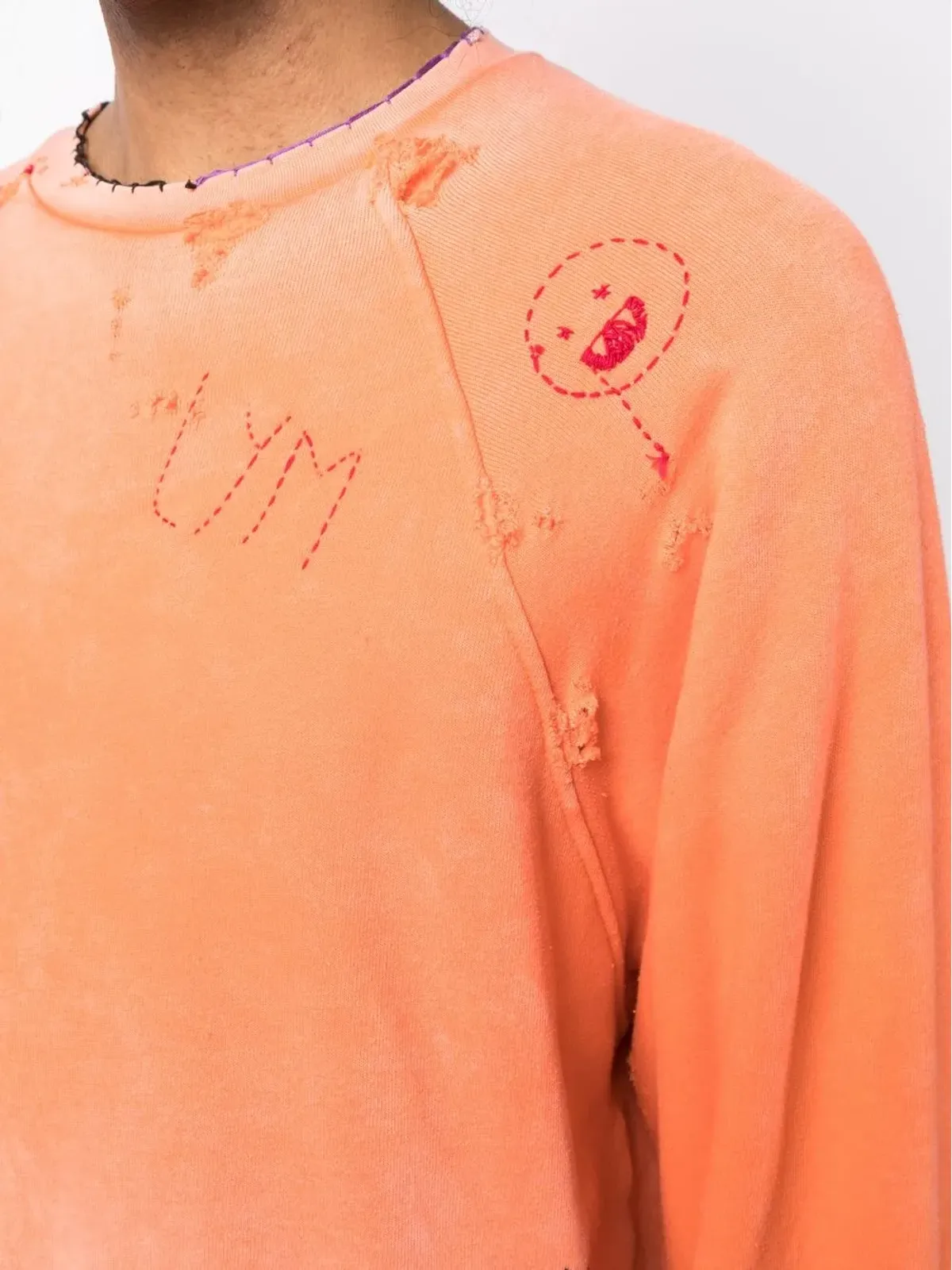 Liberal Youth Ministry ダメージ風刺繍スウェットシャツ オレンジ - 画像5
