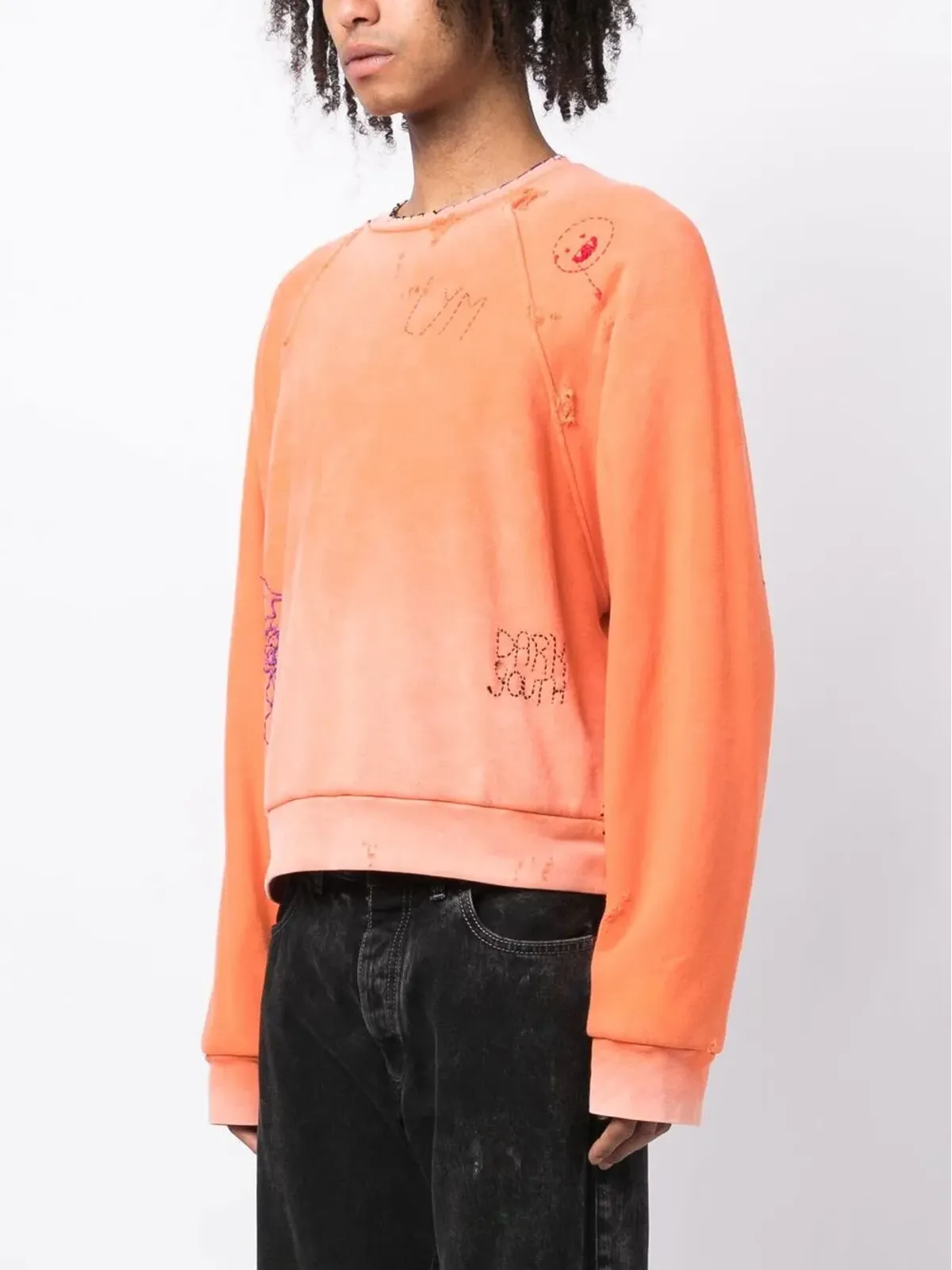 Liberal Youth Ministry ダメージ風刺繍スウェットシャツ オレンジ - 画像3
