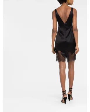 Saint Laurent レーストリムサテンミニドレス - ブラック - サムネイル4