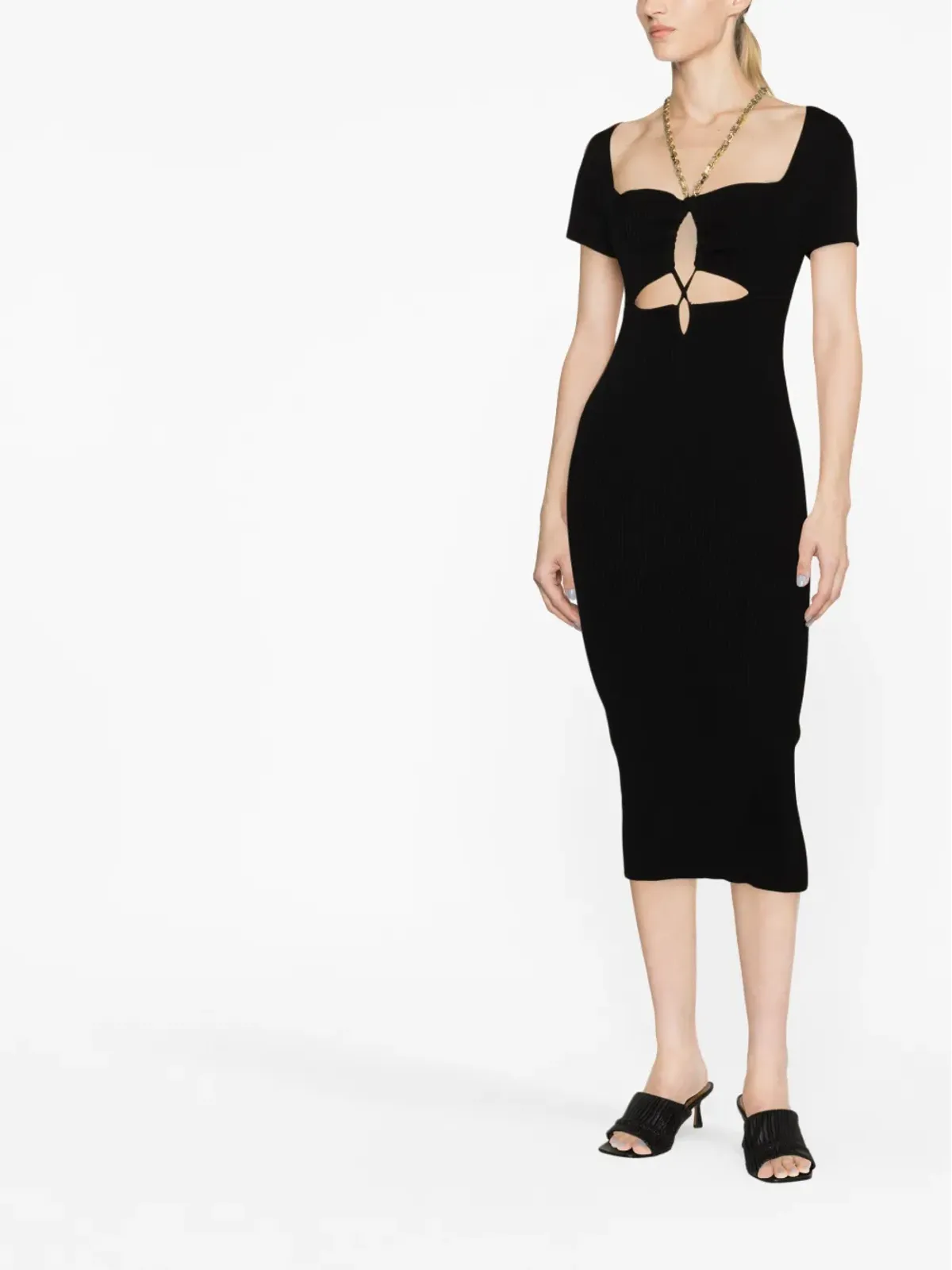 PINKO チェーンストラップ カットアウト リブニット ミディドレス ブラック - 画像2