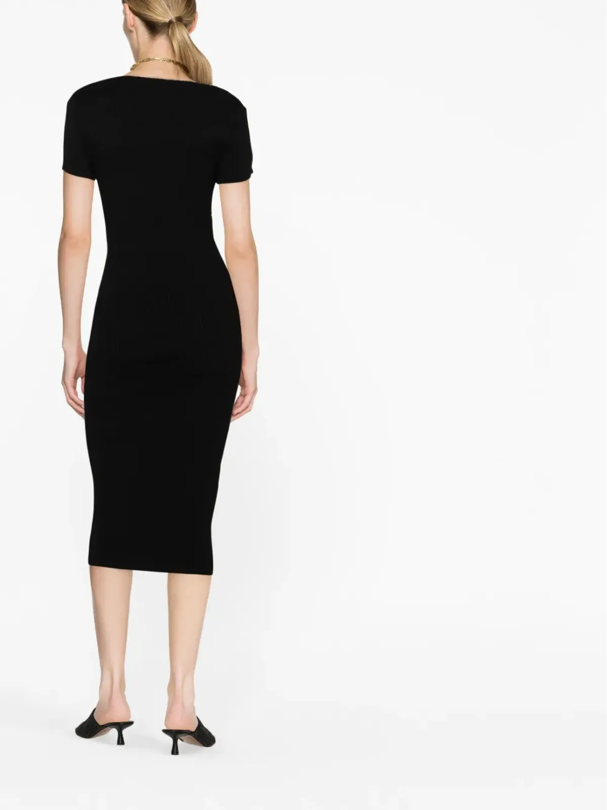 PINKO チェーンストラップ カットアウト リブニット ミディドレス ブラック - 画像3