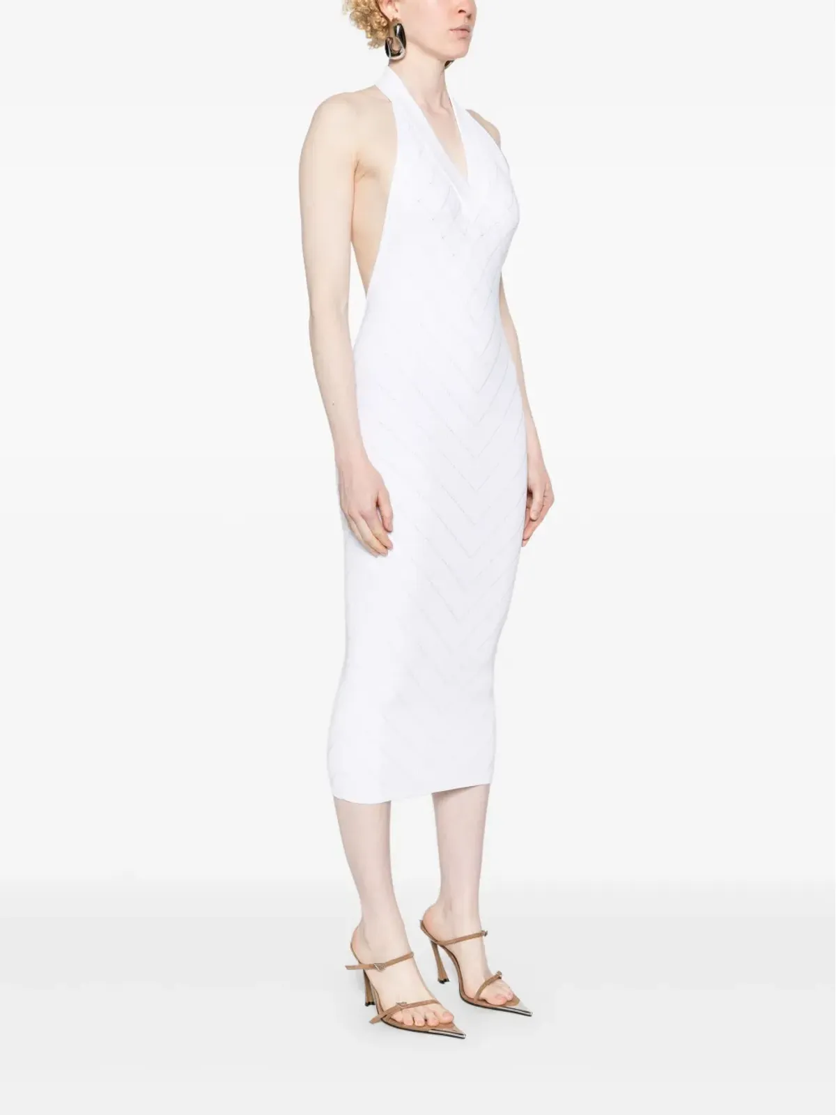 Balmain Vネックホルターネックミディドレス - ホワイト - 画像3