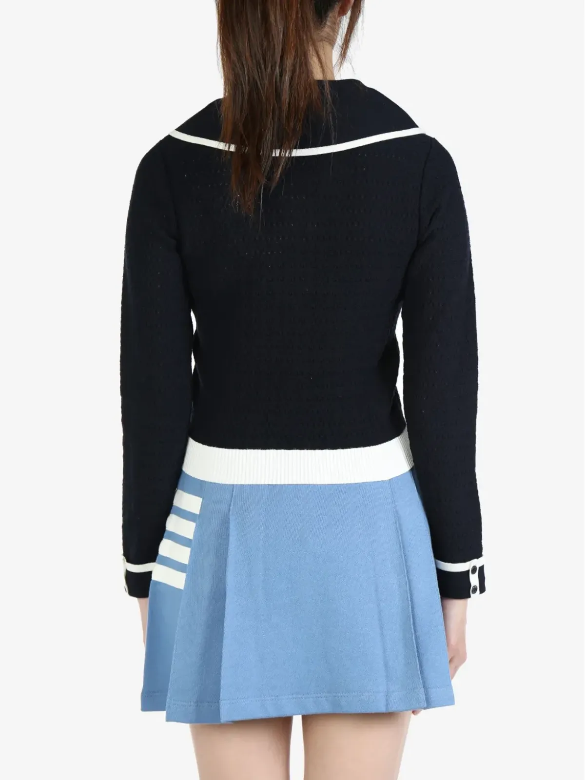 Thom Browne ネイビーブルー コントラストトリム ポイントelle編み コットン カーディガン - 画像3
