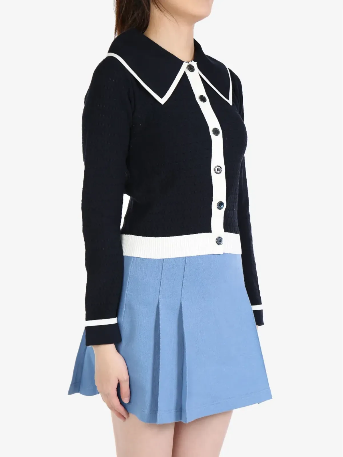 Thom Browne ネイビーブルー コントラストトリム ポイントelle編み コットン カーディガン - 画像4