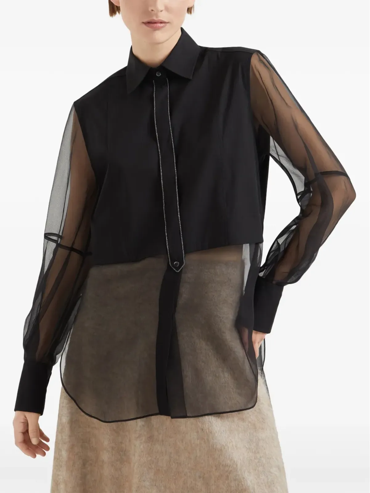 Brunello Cucinelli 透明パネル付きポプリンシャツ ブラック - 画像3