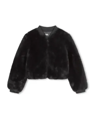 Karl Lagerfeld Kids 刺繍ロゴ入りフェイクファージャケット - ブラック - サムネイル1