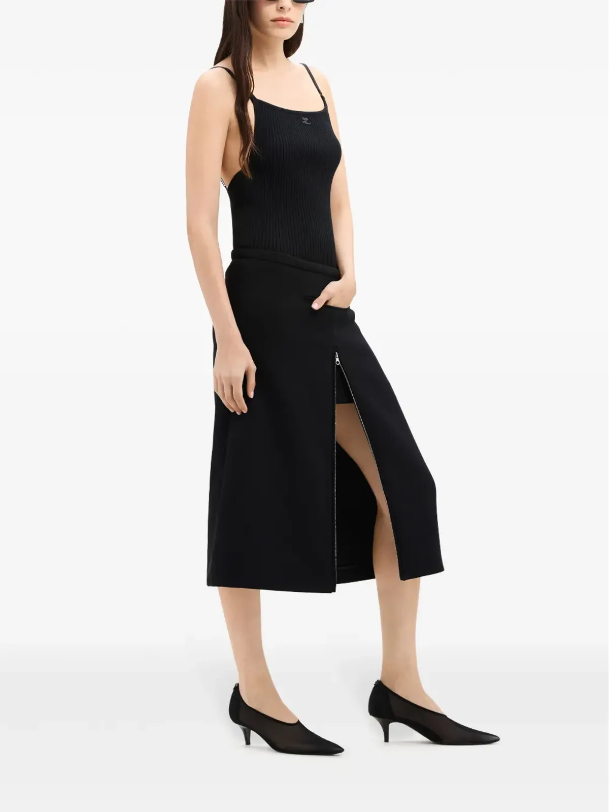 Courrèges ヘリテージ クレープ地のテクスチャー ミディスカート - ブラック - 画像3