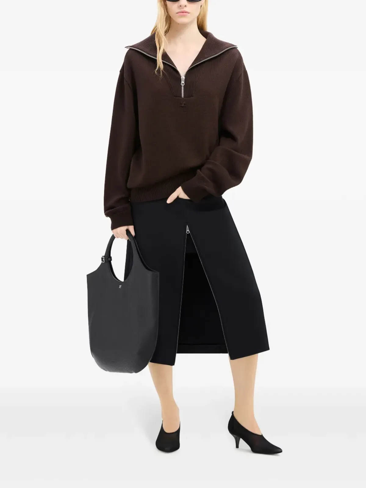 Courrèges ロゴ刺繍ウールセーター ブラウン - 画像3