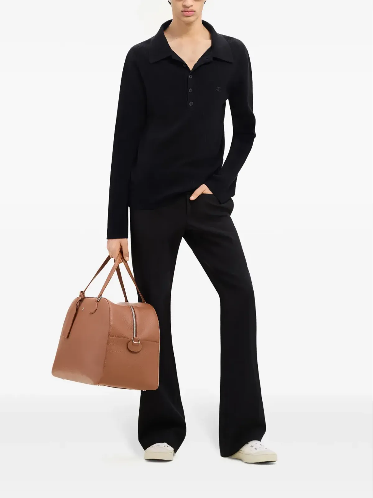 Courrèges コットン・ウール混紡ポロシャツ ブラック - 画像2