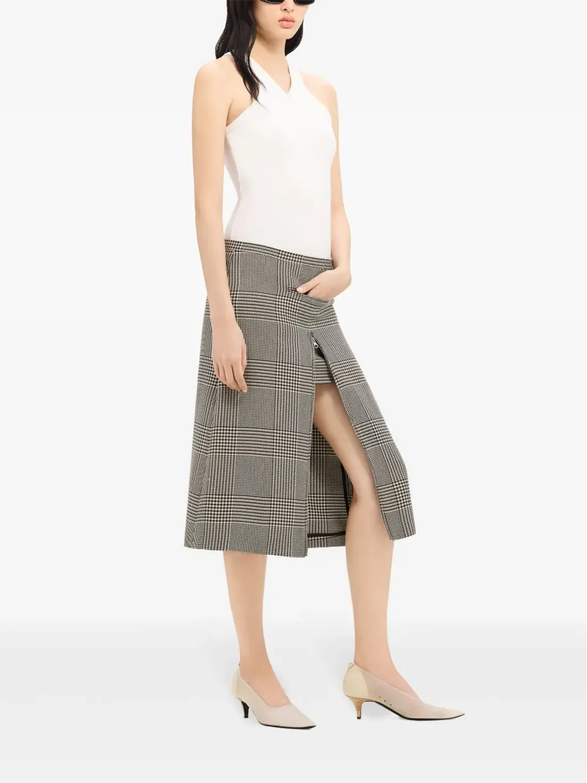 Courrèges ジップディテール付き チェック柄ミディスカート 黒 - 画像3
