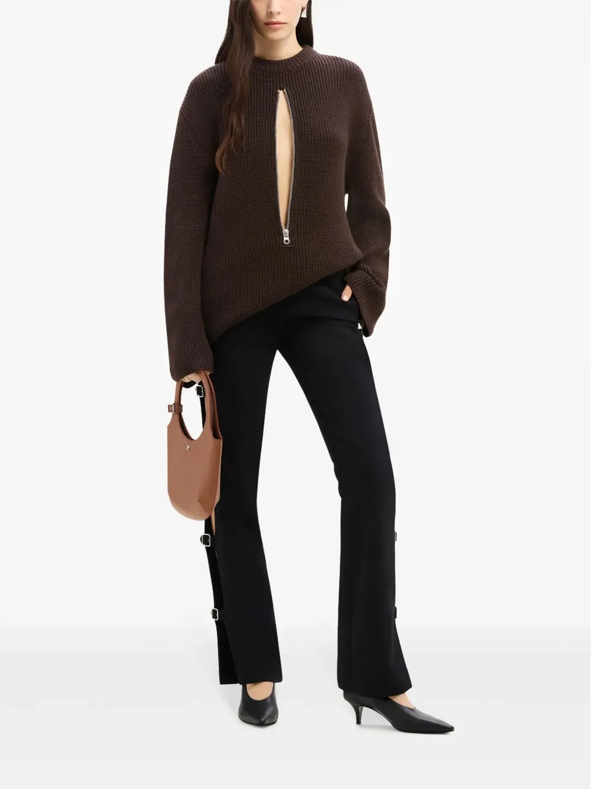 Courrèges ジップ付きリブ編みウールセーター - ブラウン - 画像3