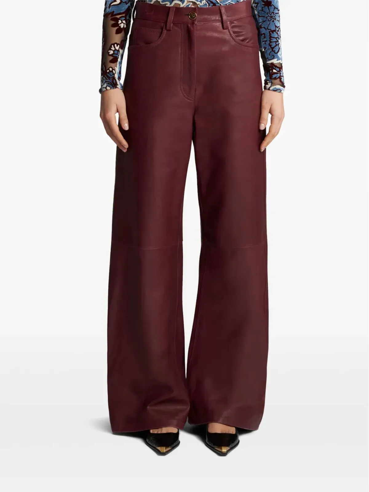 ETRO ワイドレッグ レザー パンツ レッド - 画像3