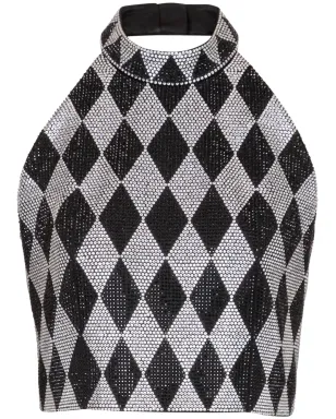 Balmain ダイヤモンド柄プリント ラインストーン ホルターネック クロップトップ - ブラック - サムネイル1