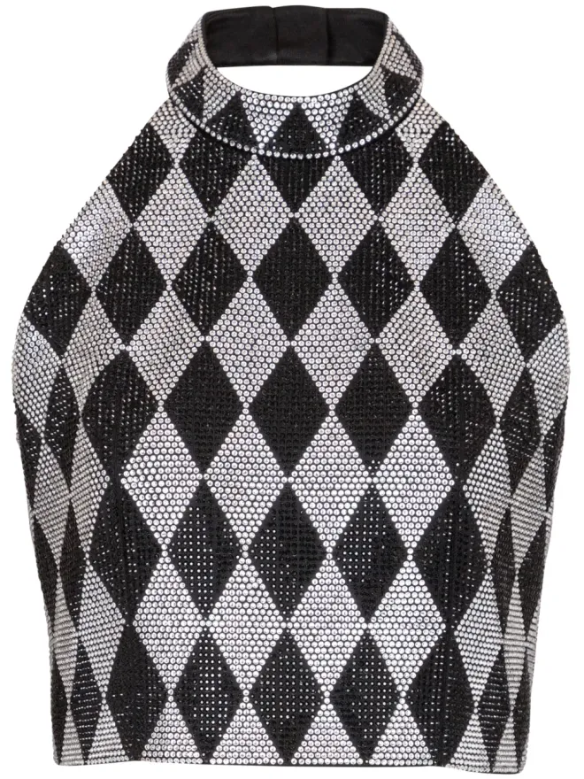 BALMAIN Balmain ダイヤモンド柄プリント ラインストーン ホルターネック クロップトップ - ブラックの商品画像