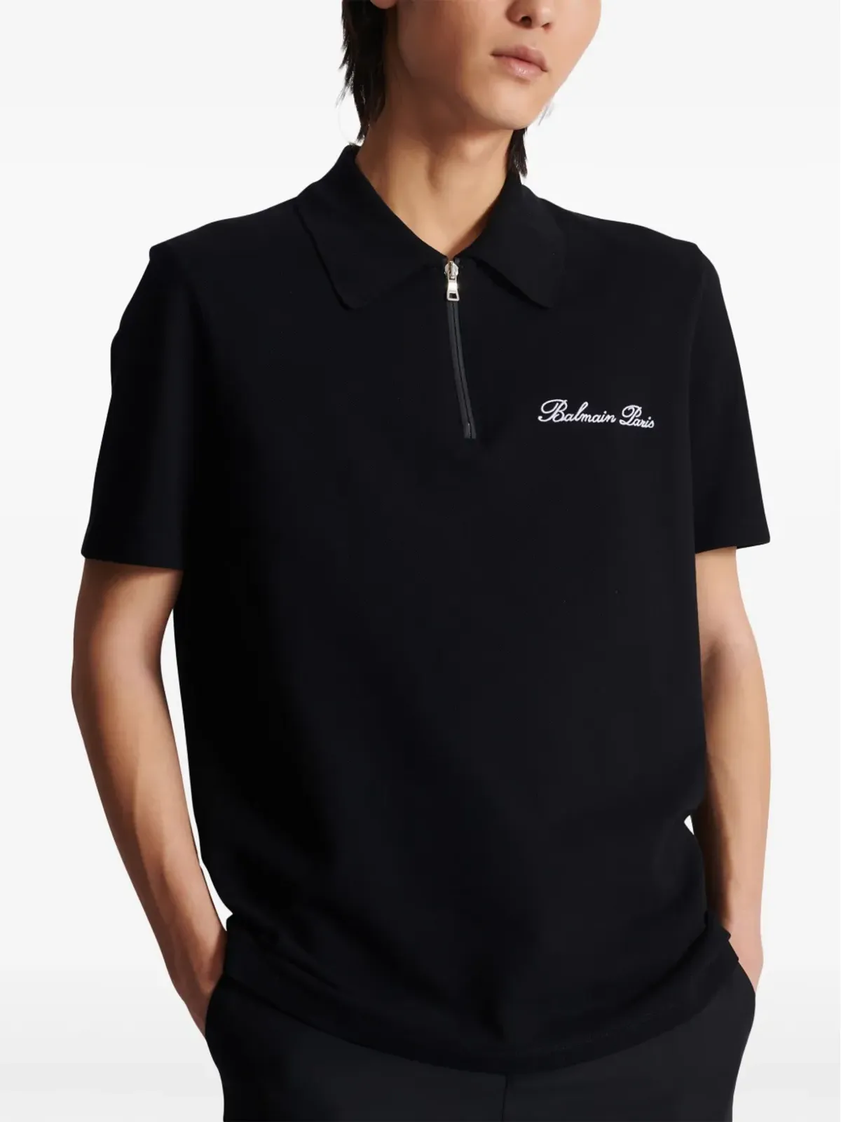 Balmain 刺繍ロゴ コットン ポロシャツ ブラック - 画像5