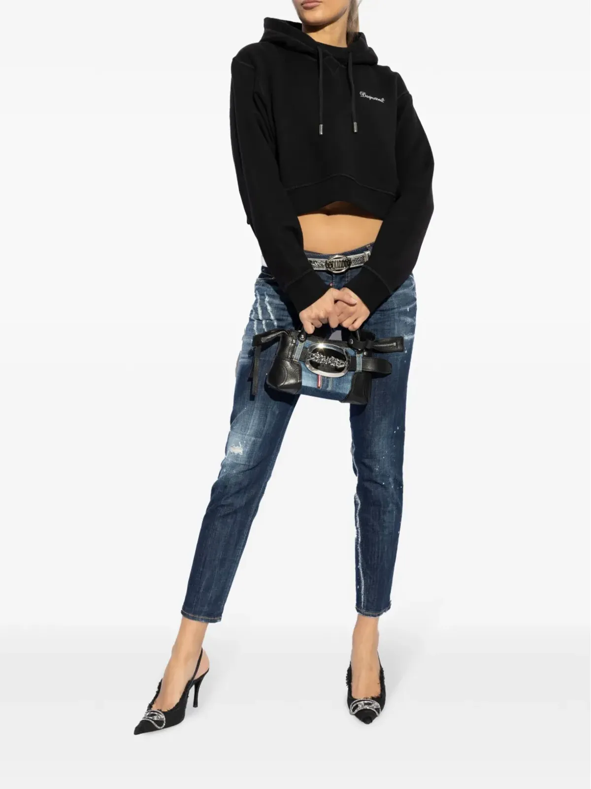 DSQUARED2 ラインストーンロゴ入り クロップドフーディ - ブラック - 画像2
