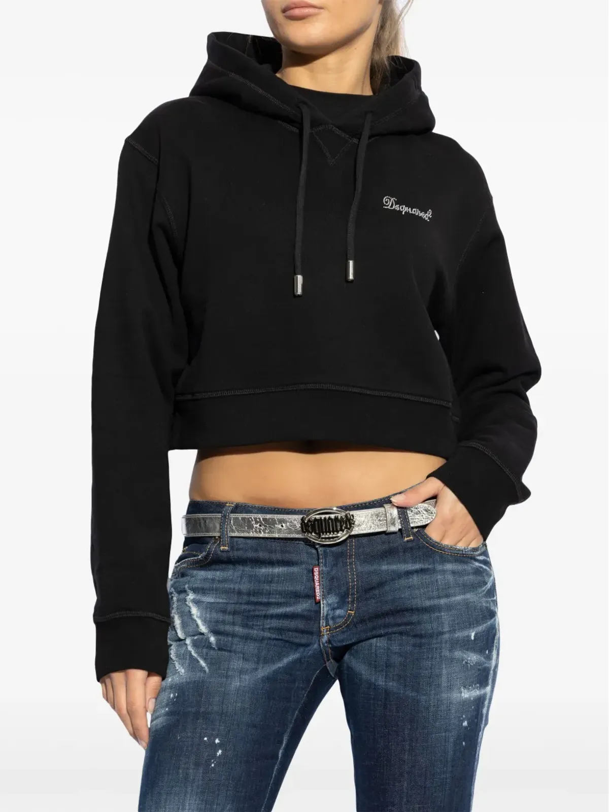 DSQUARED2 ラインストーンロゴ入り クロップドフーディ - ブラック - 画像3