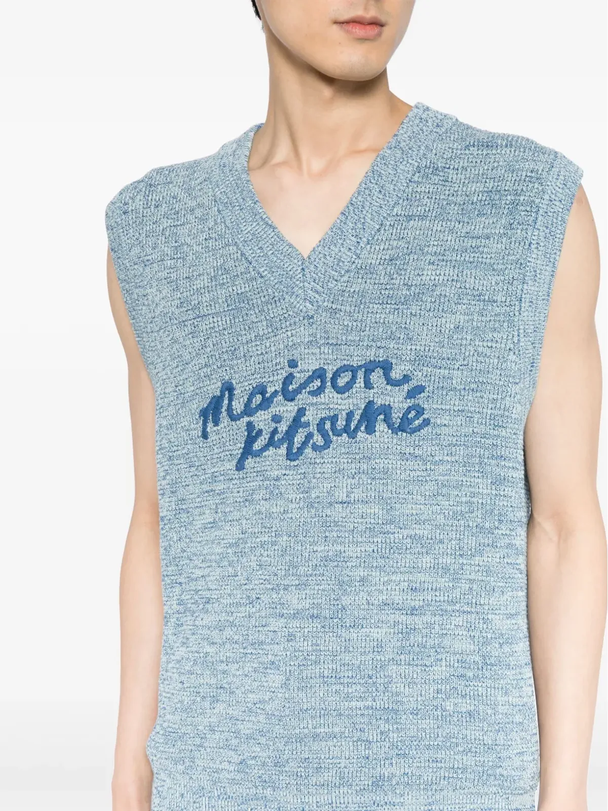 Maison Kitsuné 刺繍ロゴ入りVネック コットンベスト - ブルー - 画像5