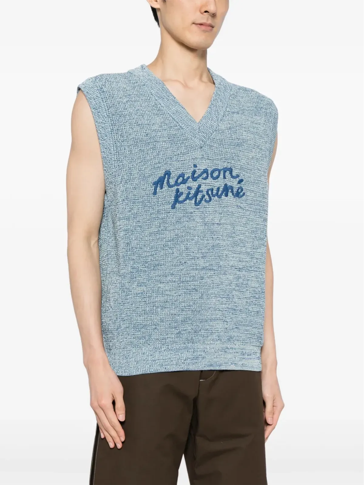Maison Kitsuné 刺繍ロゴ入りVネック コットンベスト - ブルー - 画像3