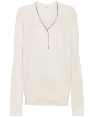 Brunello Cucinelli モニリチェーン付きリブ編みセーター - ナチュラル - サムネイル1