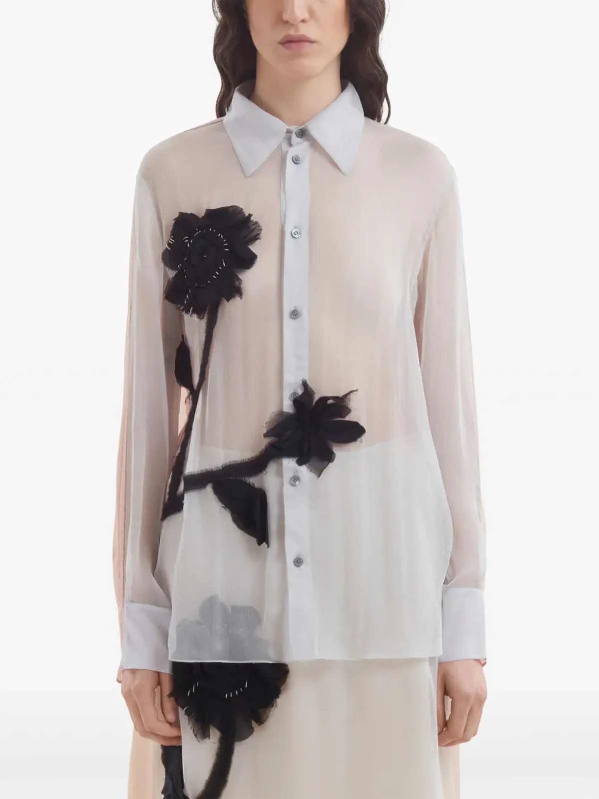 Marni フローラルチュールアップリケ入りシルクシャツ グレー - 画像3