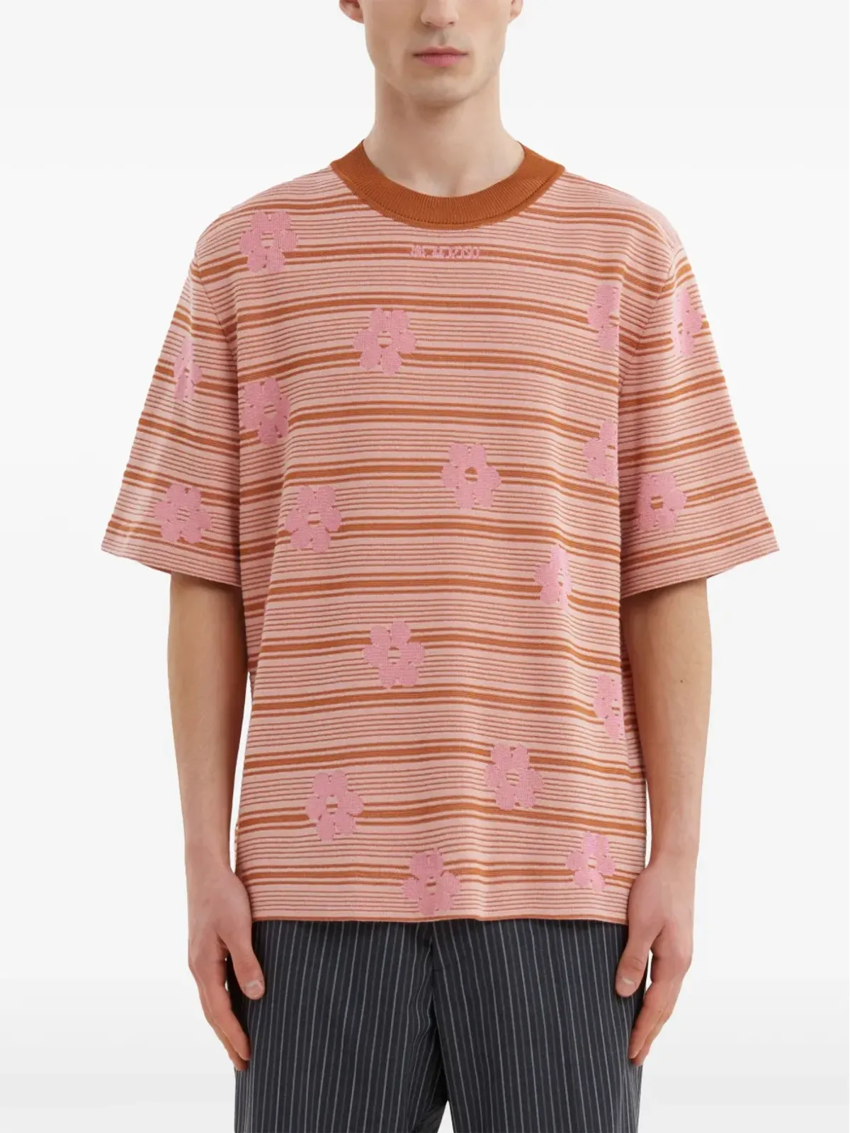 Marni インターシャロゴ入りコットンニットTシャツ - オレンジ - 画像3