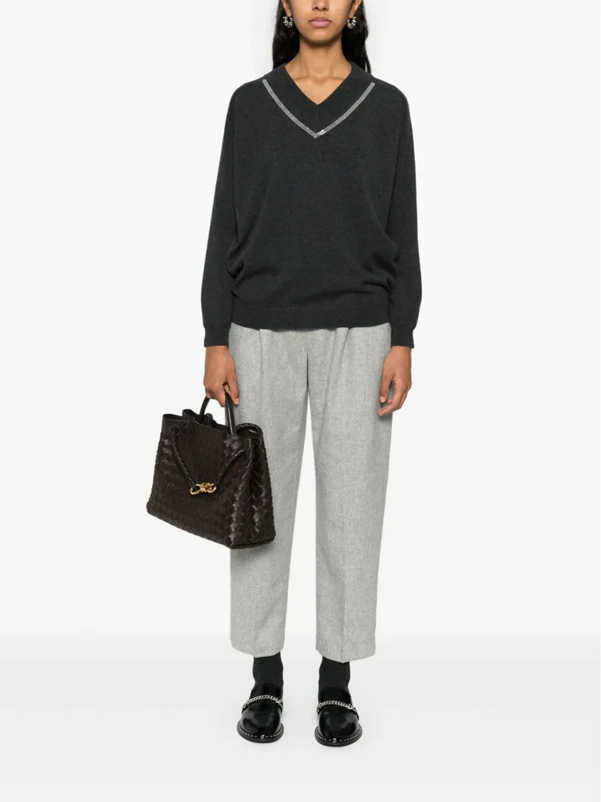Brunello Cucinelli メランジ風プリーツ入りテーパードパンツ - グレー - 画像2