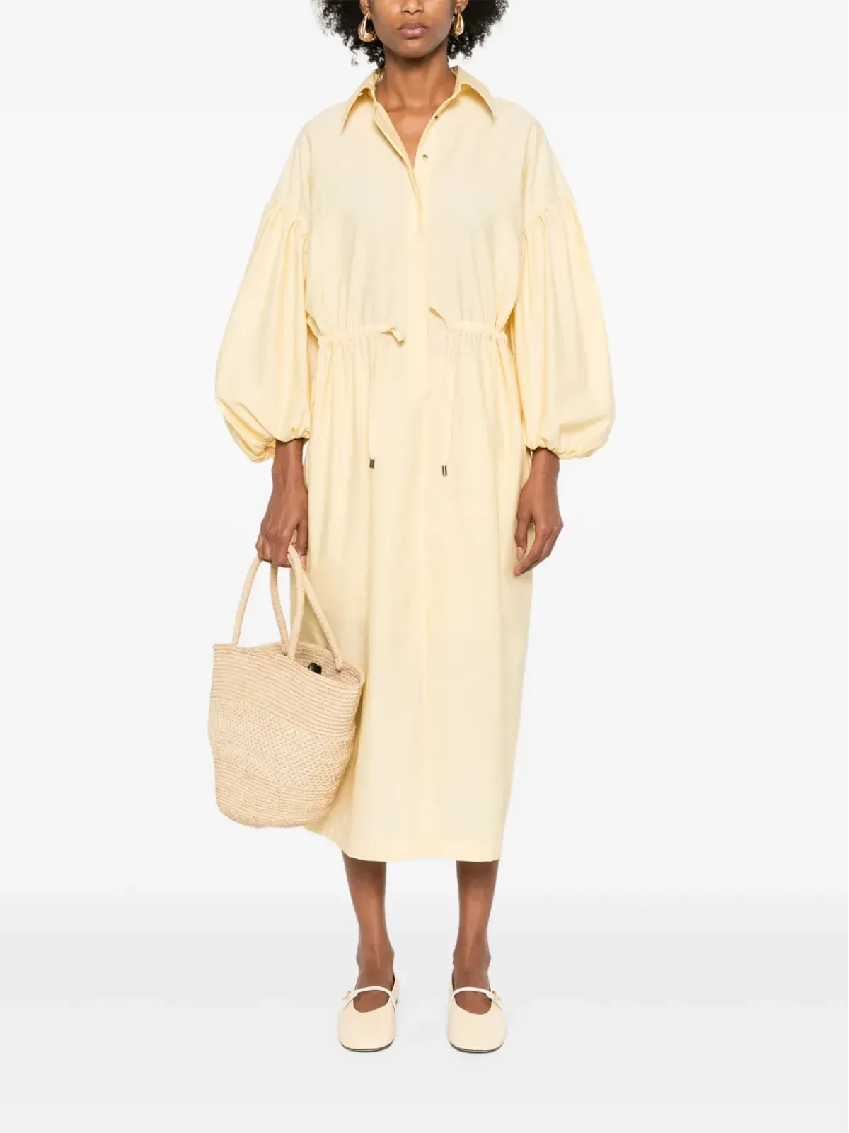 Brunello Cucinelli バルーンスリーブ シャツカラー マキシドレス イエロー - 画像2
