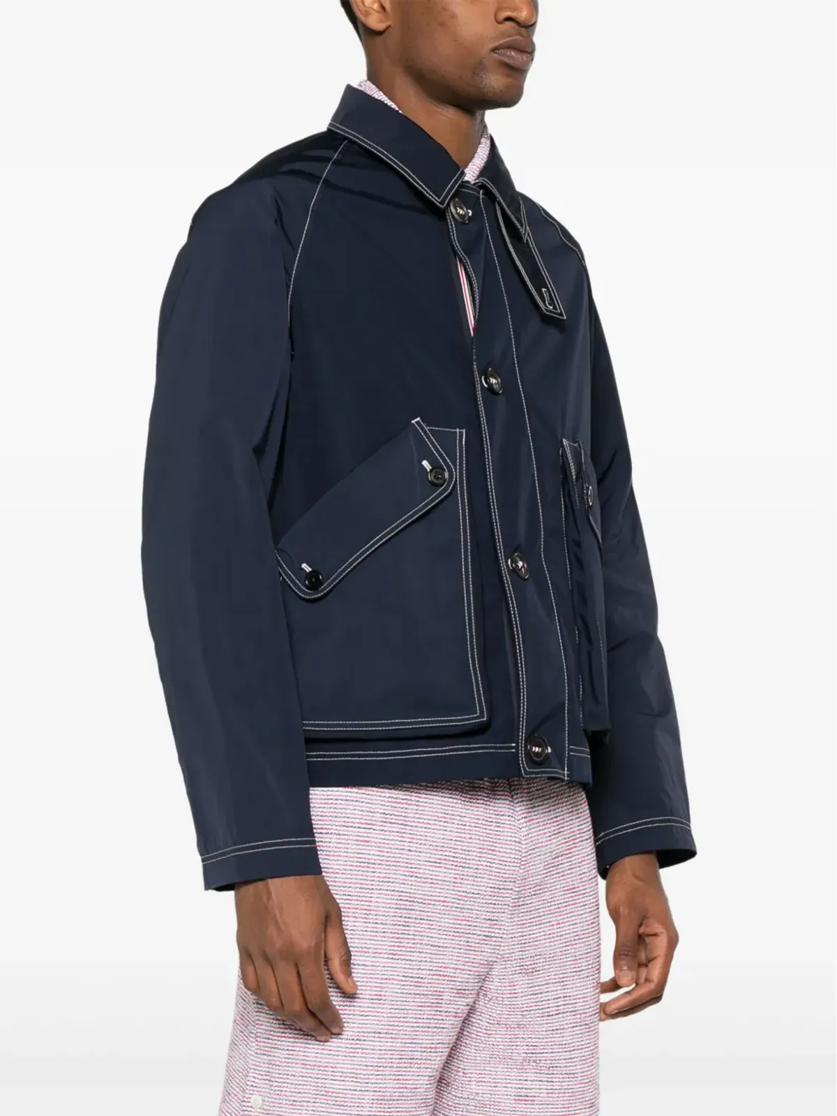 Thom Browne コントラストステッチ ラグランジャケット ブルー - 画像3