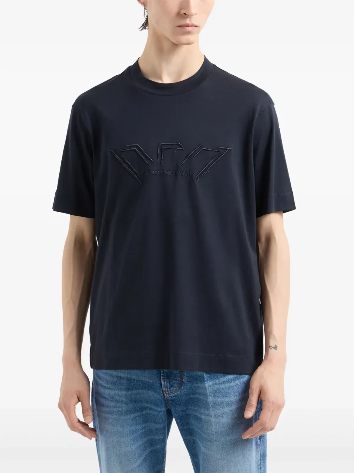 Emporio Armani ロゴ刺繍入り ジャージーTシャツ ネイビー - 画像2