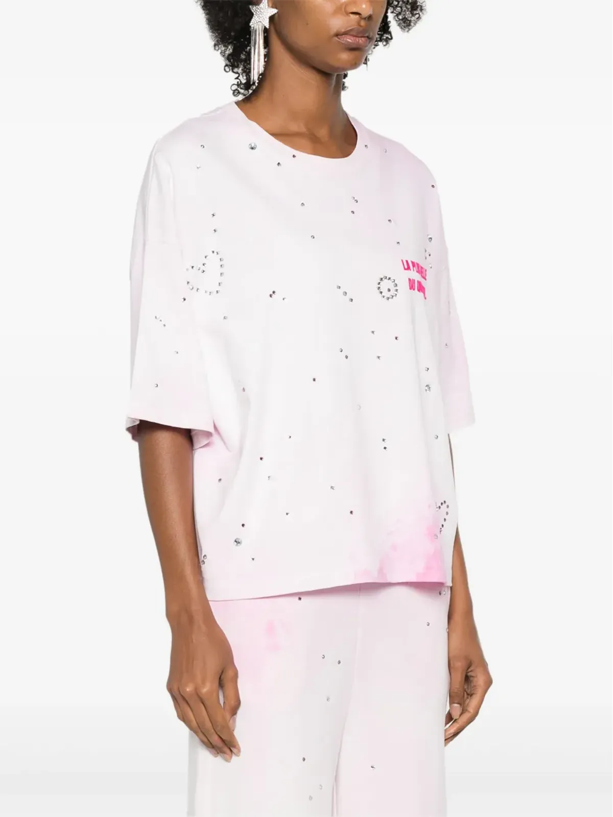 Loulou クリスタル装飾 washed T-shirt ピンク - 画像3