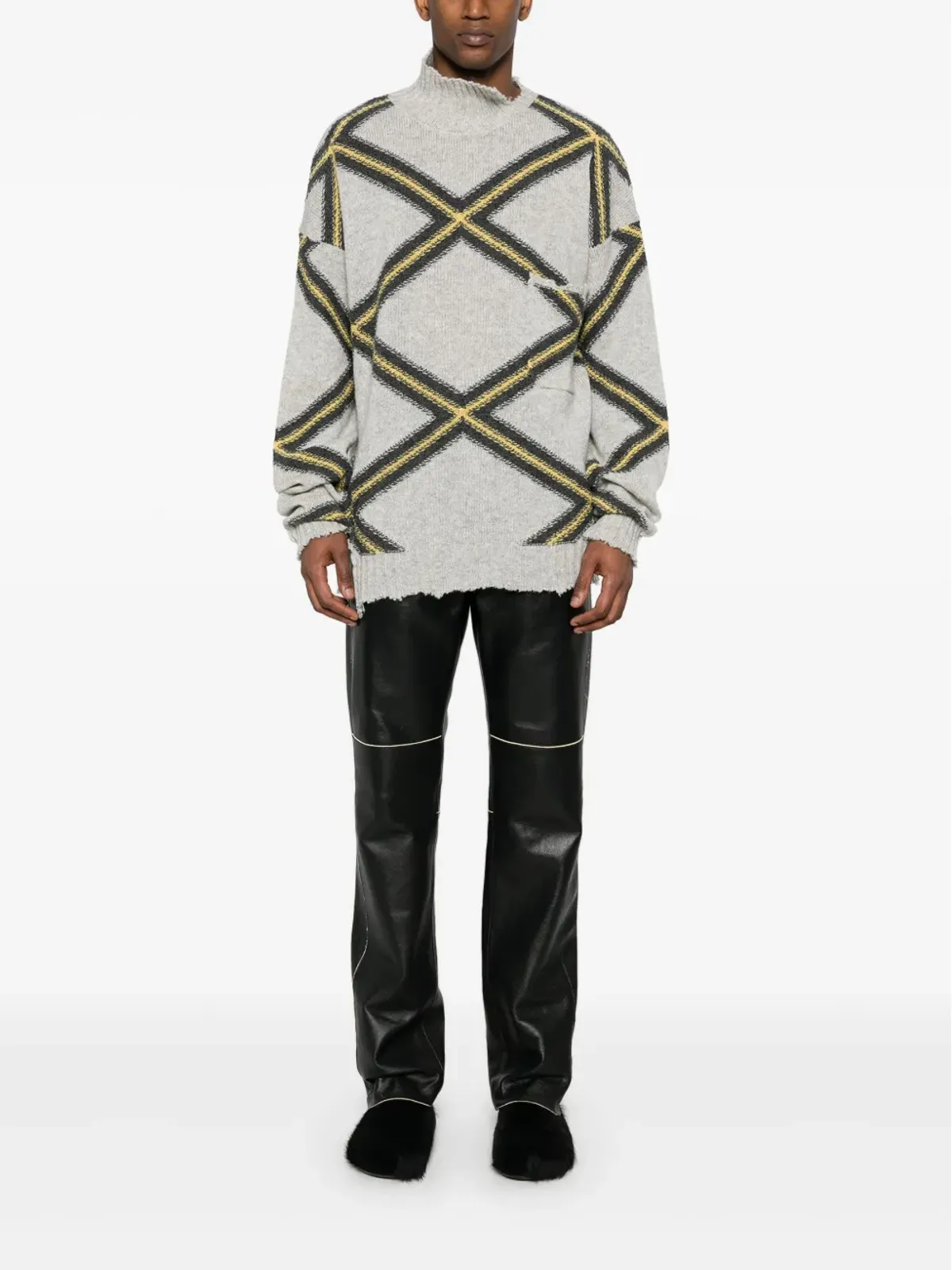 Marni ダイヤモンドチェック柄ダメージ加工セーター グレー - 画像2