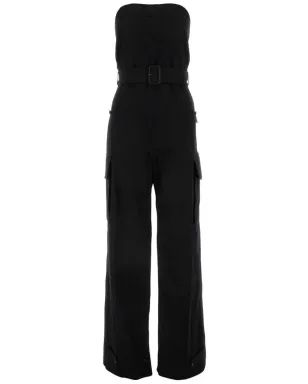 Saint Laurent ストラップレス ベルテッド コットン ジャンプスーツ - ブラック - サムネイル1