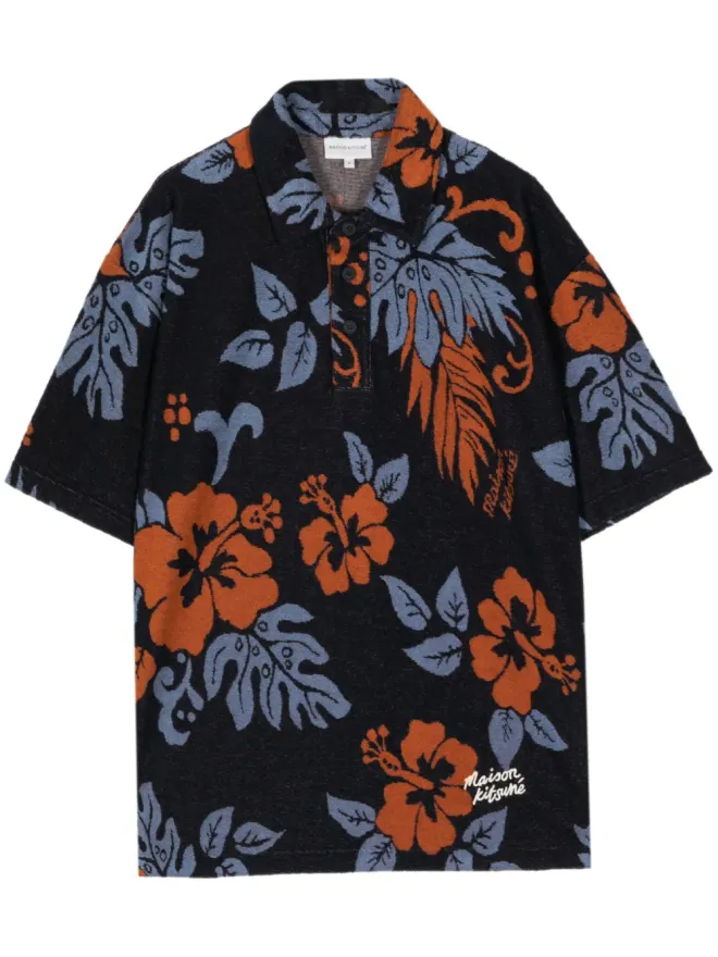 Maison Kitsuné Maison Kitsuné フローラル柄タオリング仕上げポロシャツ ブルーの商品画像