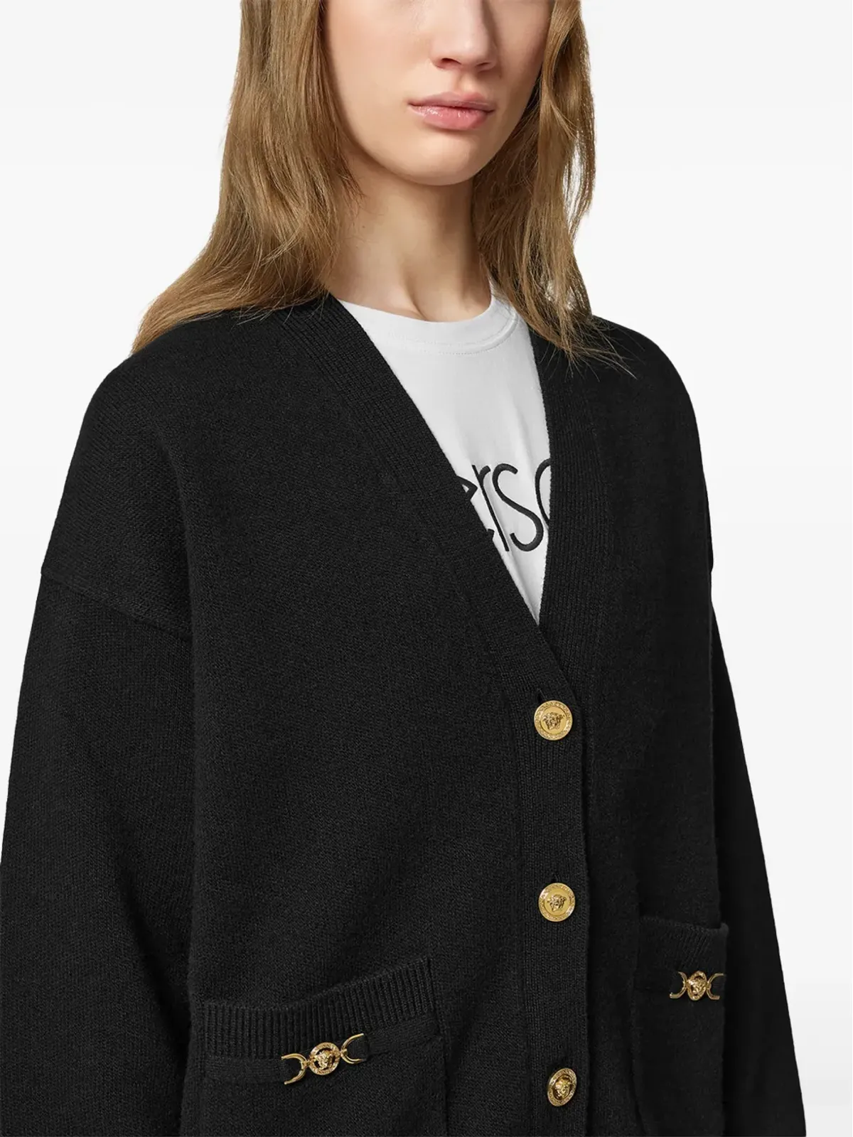 Versace メデューサ・プレート Vネック カーディガン ブラック - 画像5