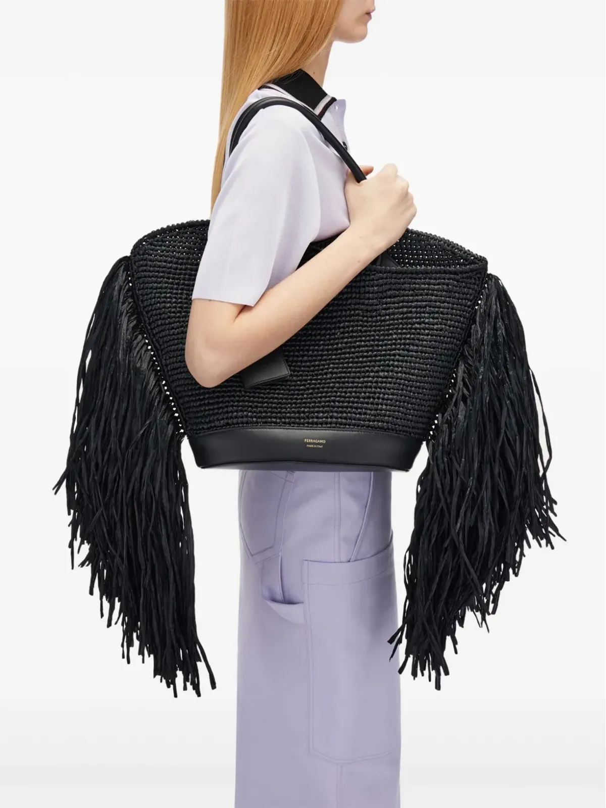 Ferragamo フリンジ付きラフィア トートバッグ - ブラック - 画像2