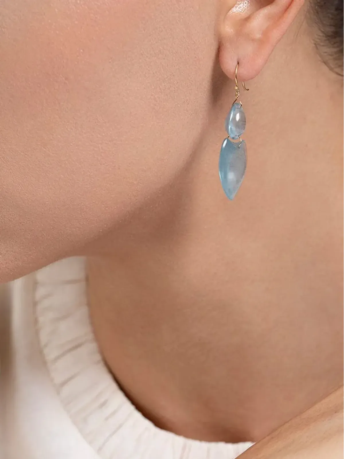 Ten Thousand Things 18Kイエローゴールド ダブルハート アクアマリン ピアス - 画像2