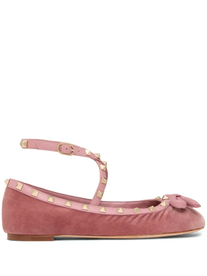Valentino Garavani Valentino Garavani ロックスタッド ベルベット バレエフラット ピンクの商品画像