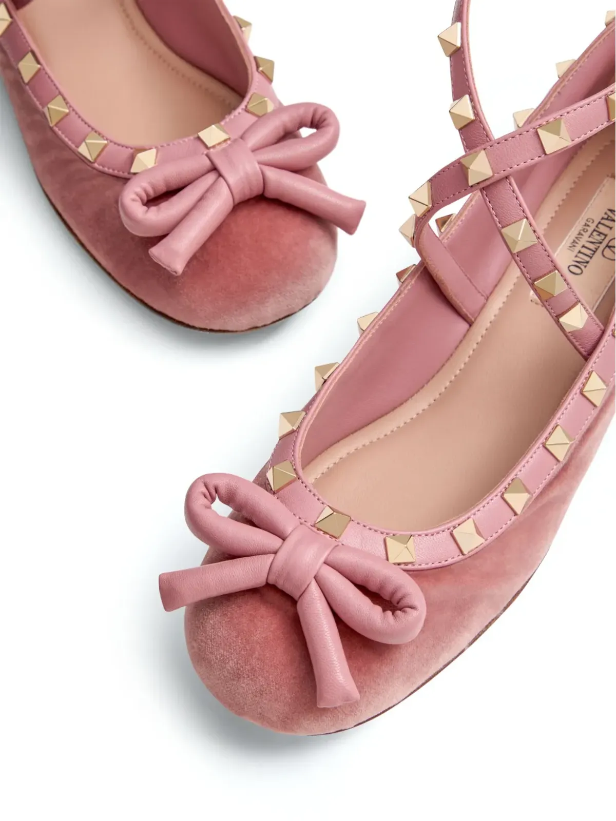 Valentino Garavani ロックスタッド ベルベット バレエフラット ピンク - 画像5